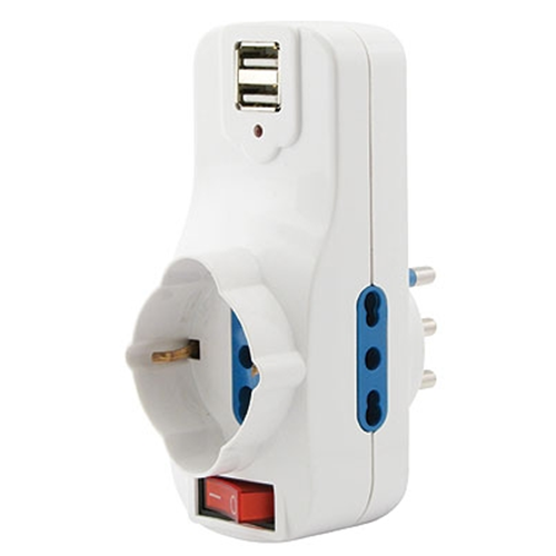 Multiple network spina 220V 16A PR. Schuko + 2 PR. 10-16a white with switch + 2 USB