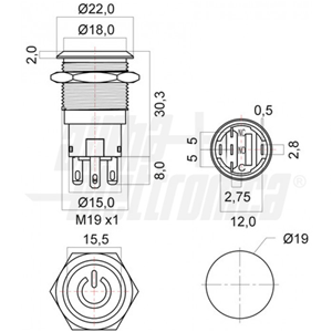 Interruption de vent en métal interrompant Ø19 mm Bistabile Bright rouge 12VAC IP67 Symbole sur