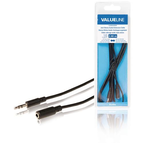 Cable de prolong de audio estéreo masculino de 3.5 mm - 3.5 mm hembra 2.00 m negro