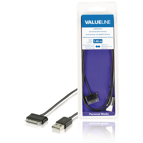 Sincronización y carga Samsung 30 -Pin Masculino - Masculino USB 1.00 m Negro