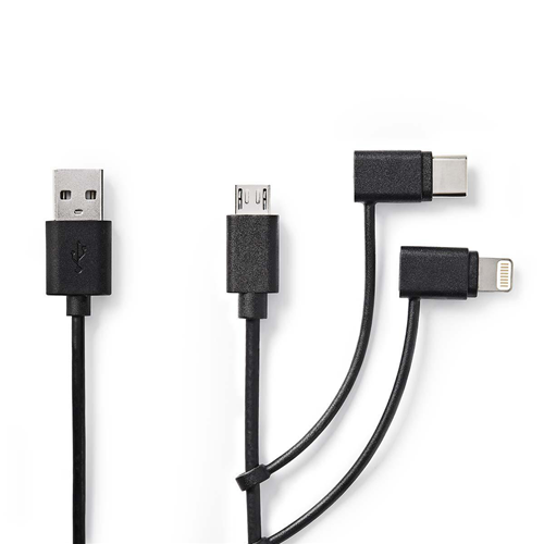 Cable 3 en 1 para sincronización y carga | USB Un macho - macho b macho m 4 macho / manzana Lightning 8 pin hombre | 1.0 m | Negro