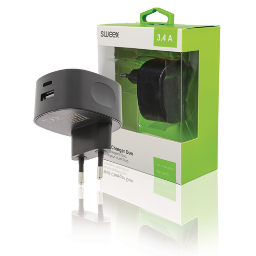 Caricatore a Muro 2-Outputs 3.4 A USB / USB-C™ Nero