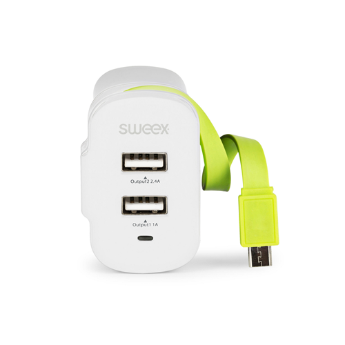 Wandladegerät 3-Outputs 3 bei 2 x USB / Weiß USB Weiß / Grün