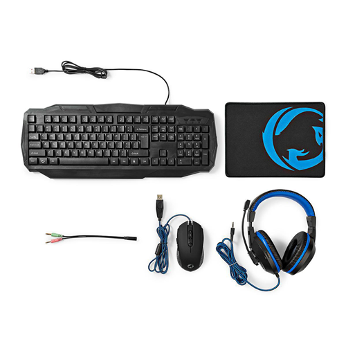 Kit da Gioco Combinato | 4-in-1 | Tastiera, Cuffie, Mouse e Tappetino Mouse | Layout USA internazionale | Nero