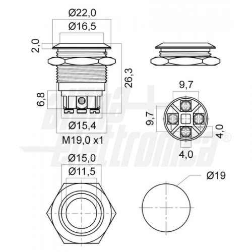 Botón antivandal de metal Ø19 mm bistabile verde brillante 24vac IP67 símbolo en