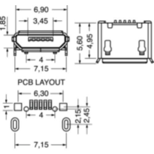 PRESA MICRO USB TIPO "B" 5 POLI 90°