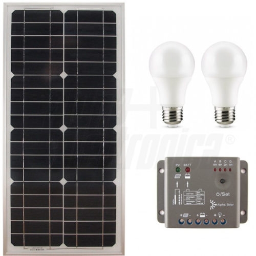 Kit fotovoltaico 27W 12V con un regulador de 1PZ 5A y una lámpara LED de 2PZ - sin batería
