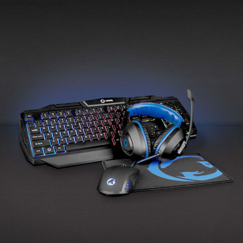 Kit combo de jeu | 4 en 1 | Clavier, écouteur, souris et coussin de souris | Noir / bleu | Qwerty | Provisionnez-le