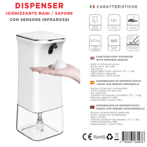 Automatischer Spender mit PIR -Sensor für Flüssigkeits-/Desinfektionsgel für Hände 280 ml