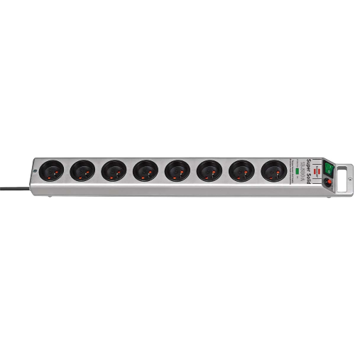 Silver Super-Solid Power Strip, 8 enchufes, con protector contra sobretensiones, interruptor de circuito 16 y 2.5 m de cable H05V-F 3G1.5 (13.500A)