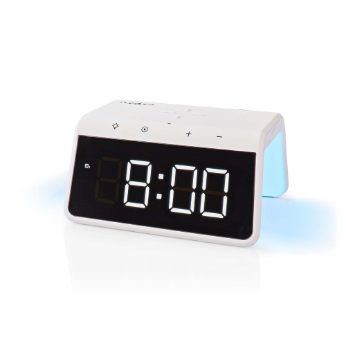 Sveglia con Caricabatterie Wireless | Certificato Qi | 5 / 7.5 / 10 / 15 W | USB-A Maschio | Luce da Notte | 2 Allarme Volte | funzione snooze
