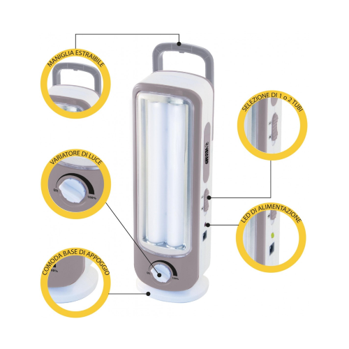 Lámpara de emergencia recargable 2 tuberías LED 300LM