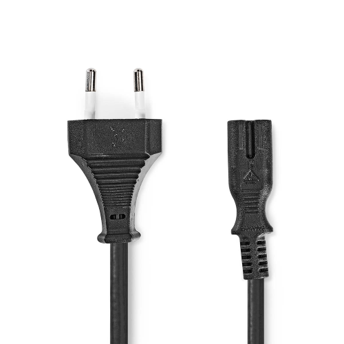 Power cable | Euro male | IEC-320-C7 | Straight | Straight | Nickel plated | 2.00 m | Spiral | PVC | Black | Label