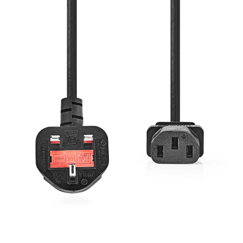 Power cable | UK male | IEC-320-C13 | Angled | Straight | Nickel plated | 2.00 m | Round | PVC | Black | Label