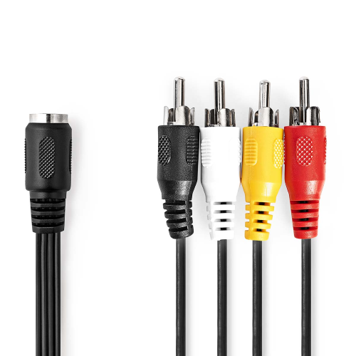 DIN -Audiokabelkabel | 5 -Pin Female Din | 4x männlicher RCA | Nickel plattiert | 0,20 m | Runde | PVC | Schwarz | Etikett
