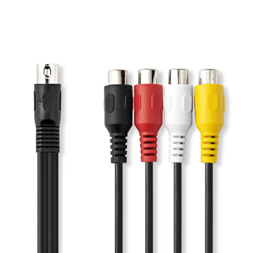 DIN -Audiokabelkabel | 5 Pin männlicher Din | 4 RCA Female | Nickel plattiert | 0,20 m | Runde | PVC | Schwarz | Etikett