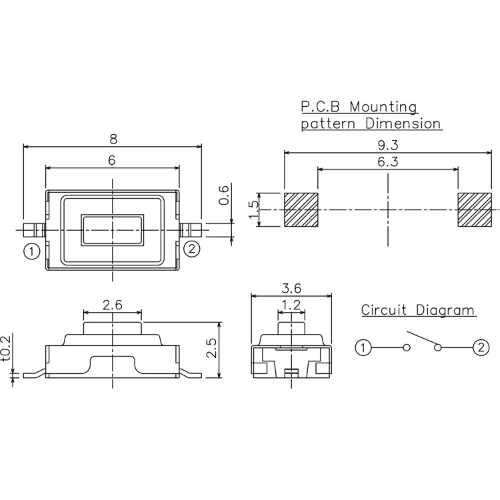 PULSANTE MICRO PER APPLICAZIONI ELETTRONICHE 3.6x6x2.5 mm MONTAGGIO A SUPERFICE