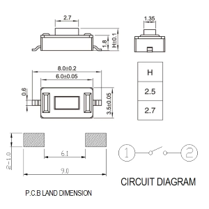 PULSANTE MICRO PER APPLICAZIONI ELETTRONICHE 3.5x6x2.5 mm MONTAGGIO A SUPERFICE