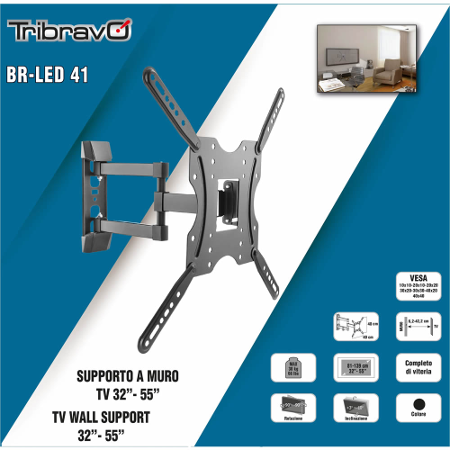 SUPPORTO FLAT-TV DA PARETE 32"-55" TRIPLO SNODO 30kg max