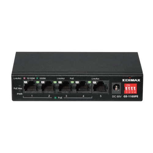Switch Gigabit PoE+ a 5 porte a lunga distanza con 4 porte PoE+ e interruttore DIP
