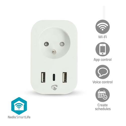 SmartLife Presa a muro | Wi-Fi | IP21 | Misuratore di potenza | 3680 W | Francia / Tipo E (CEE 7/6) / 1x USB-C™ / 2x USB | 0 - 55 °C | Android™ / IOS | Bianco | 1 pz.