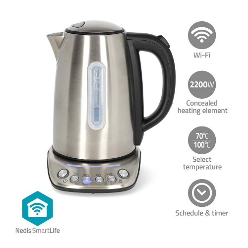 SmartLife Bollitore elettrico | Wi-Fi | 1.7 l | Acciaio inossidabile | 70,80,90,100 °C | Indicatore di temperatura | Ruotabile di 360 gradi | Elemento riscaldante nascosto | Controller Strix® | Android™ / IOS