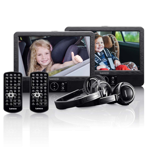 2x Lettore DVD portatile da 9" con USB SD batteria integrata cuffie e supporto Nero