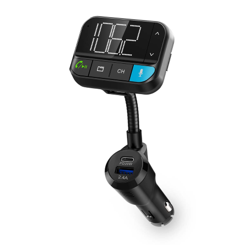 Trasmettitore FM audio per auto | A collo di cigno | Chiamata a mani libere | 2 " | Schermo bianco nero | Bluetooth® | PD 20 W / QC 3.0 | Ricarica rapida | Aumento dei bassi | Google Assistant / Siri | Nero
