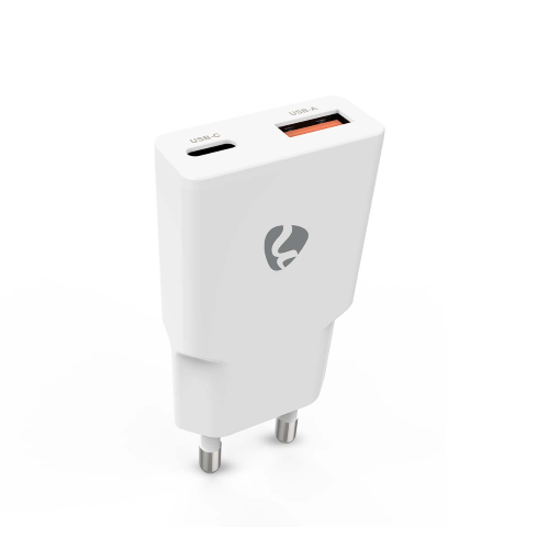 Caricabatterie da muro | 20 W | GaN | PD3.0 | Funzione di ricarica rapida | 1.5 / 2.0 / 2.22 A / 3.0 A | Numero di uscite: 2 | USB-A / USB-C™ | Selezione Automatica della Tensione | Bianco