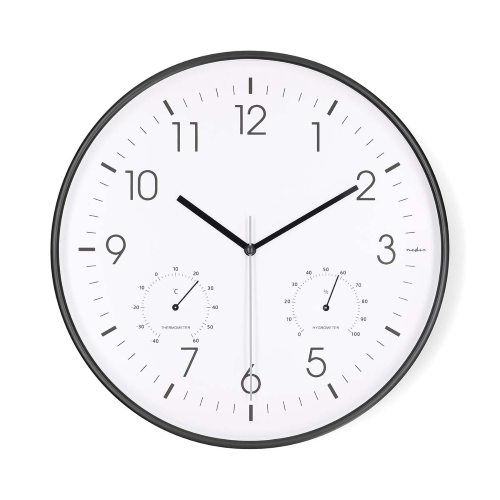 Orologio da parete | Diametro: 300 mm | Plastica | Movimento silenzioso | Termometro | Igrometro | Bianco / Nero