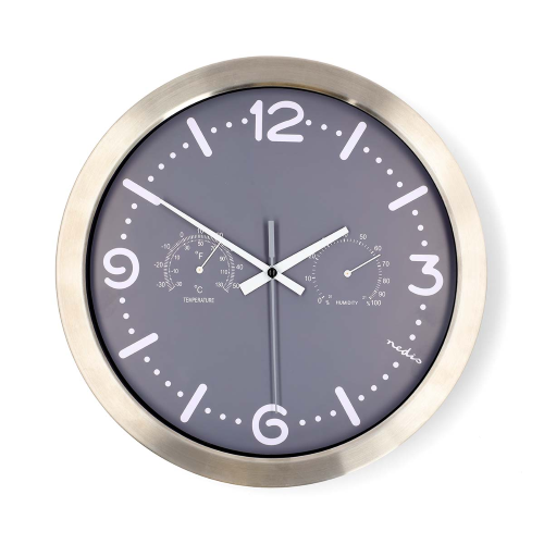 Orologio da parete | Diametro: 300 mm | Acciaio inossidabile | Movimento silenzioso | Termometro | Igrometro | Grigio / Metallo